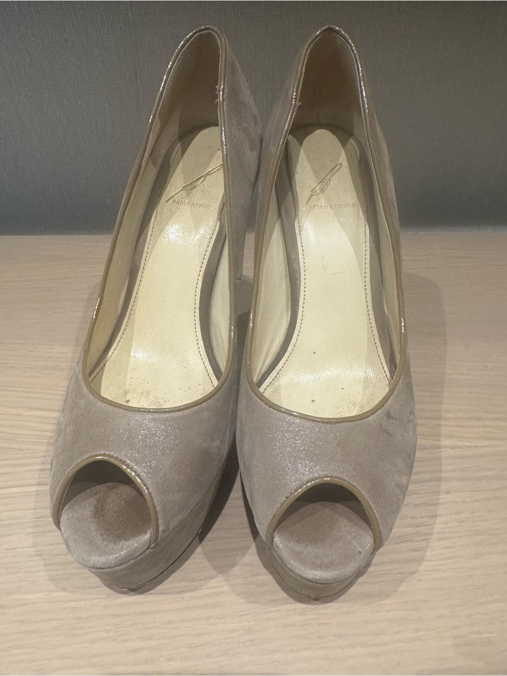 Brian Atwood Taupe Peep-Toe Platform Pumps